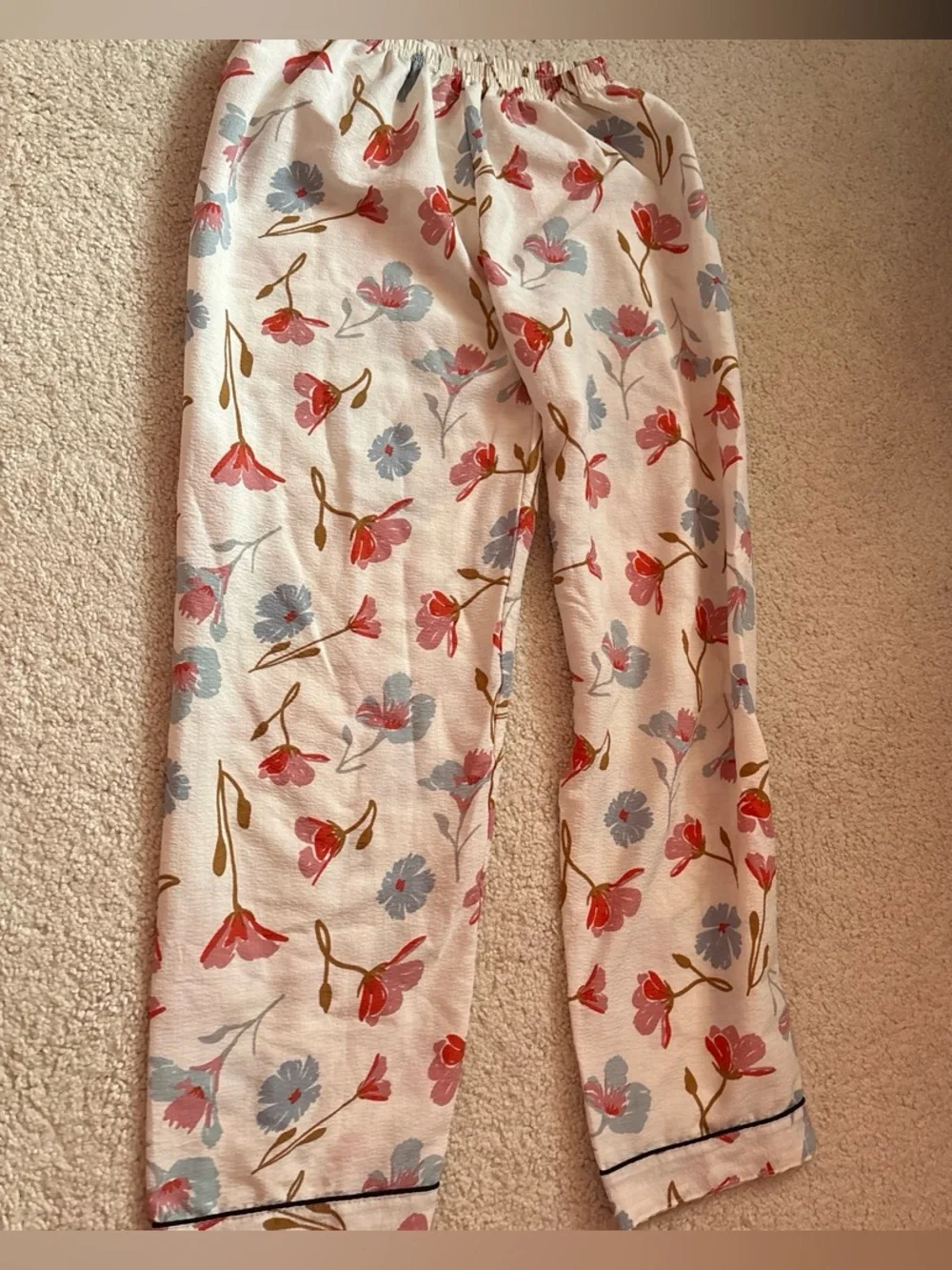 Floral Elastic-Waist Lounge Pants — Cream with Pink & Blue Flowers